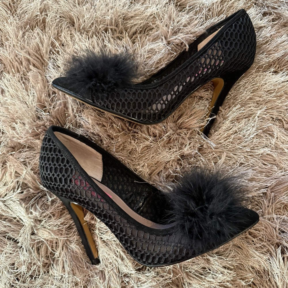 Betsey Johnson Black Mesh Heels with Fluffy Accent - Picture 5 of 10